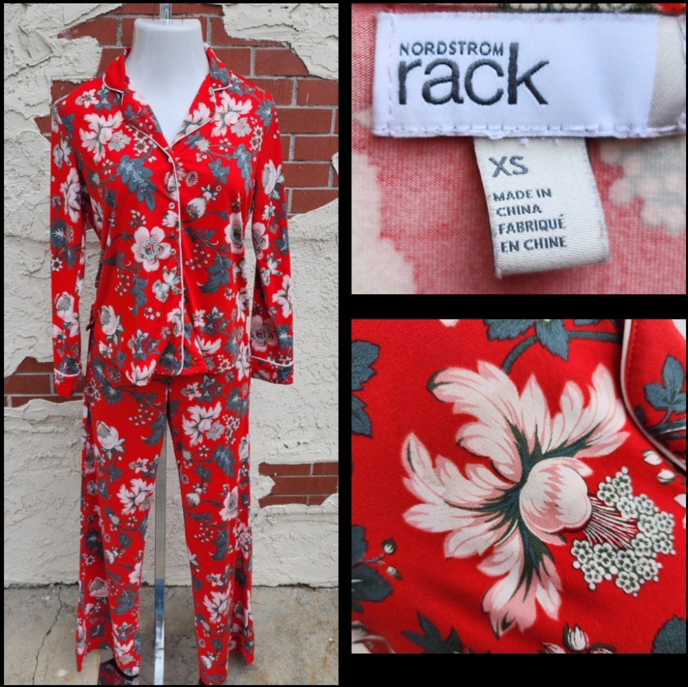 XS women NORDSTROM RACK red floral stretchy pajama sleep set pants long sleeve